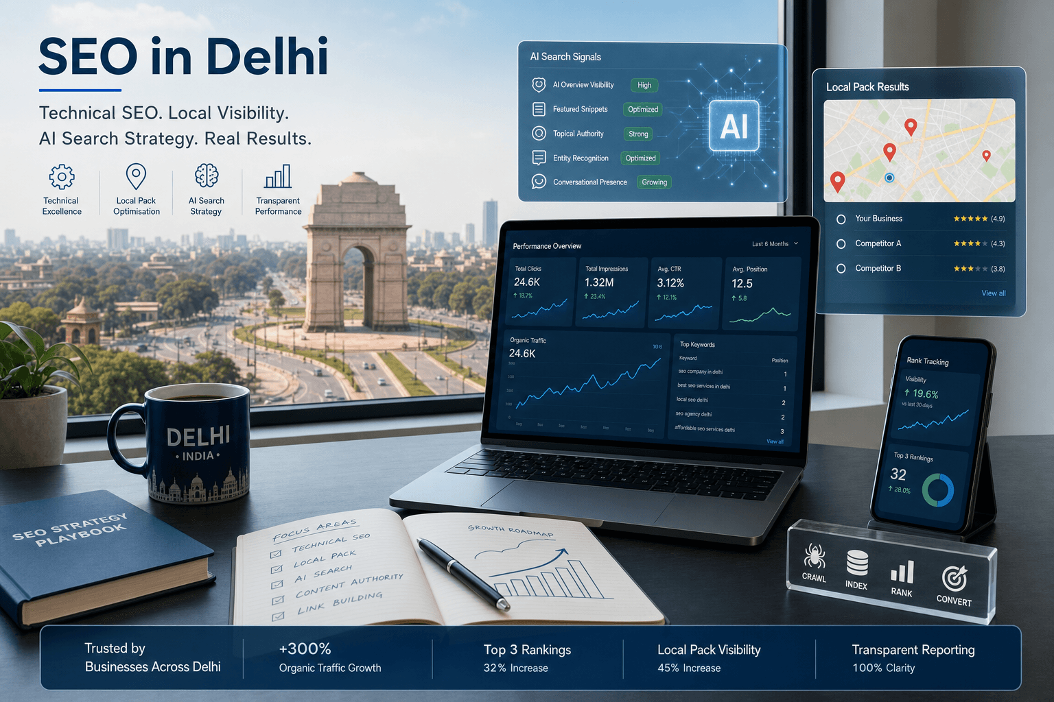 Modern SEO analytics and Delhi cityscape hero image for an SEO company in Delhi