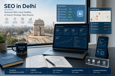 Modern SEO analytics and Delhi cityscape hero image for an SEO company in Delhi