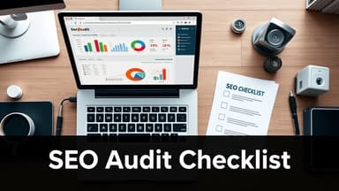 Modern workspace illustration of a technical SEO audit dashboard with checklist, crawlability, indexability, speed, structure
