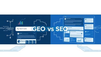 Modern editorial illustration comparing GEO vs SEO with search rankings and AI answer citations