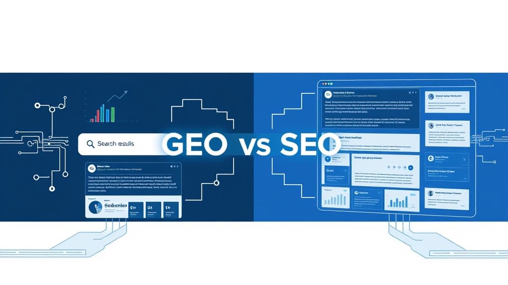 Modern editorial illustration comparing GEO vs SEO with search rankings and AI answer citations