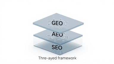 Modern layered abstract illustration showing SEO, AEO, and GEO as a three-layer framework for AI search strategy.