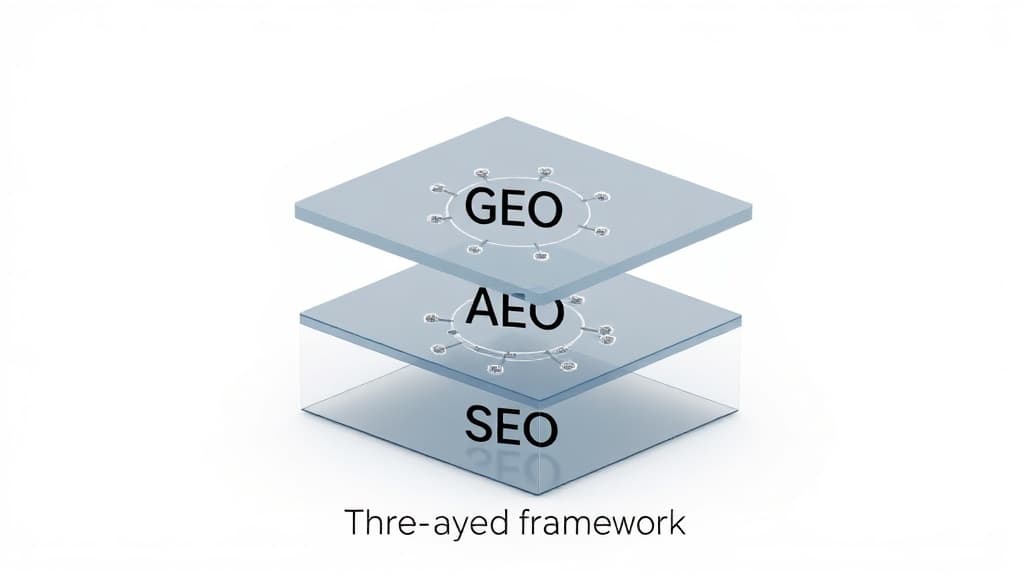Modern layered abstract illustration showing SEO, AEO, and GEO as a three-layer framework for AI search strategy.