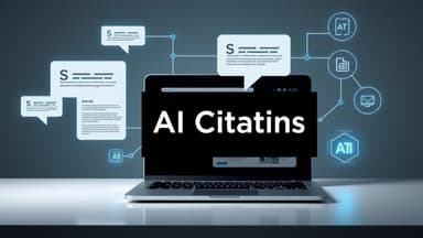 Modern editorial illustration of a laptop, search results, and AI citation links for a guide on how to get cited by ChatGPT