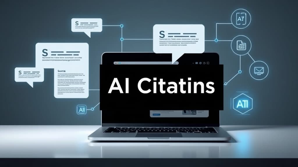 Modern editorial illustration of a laptop, search results, and AI citation links for a guide on how to get cited by ChatGPT