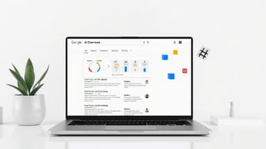 Editorial illustration of a laptop showing AI-powered Google search results and SEO optimization elements