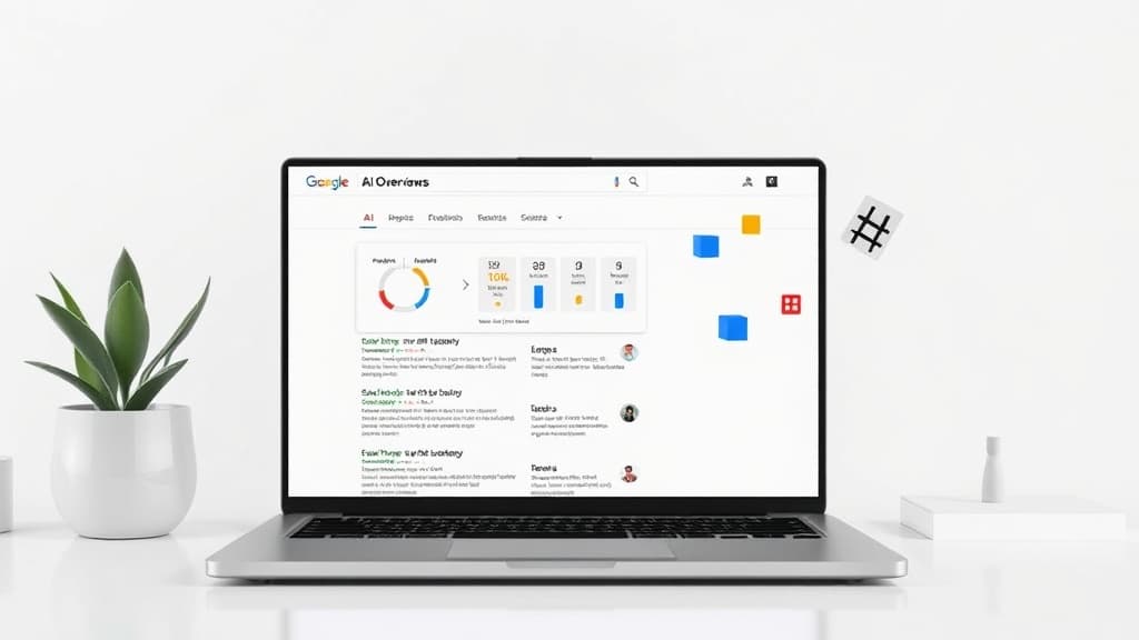 Editorial illustration of a laptop showing AI-powered Google search results and SEO optimization elements