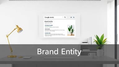 Modern editorial illustration of a brand entity dashboard and search knowledge panel concept for SEO and online authority
