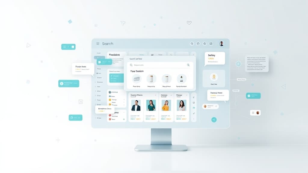 Modern AI search optimization concept for e-commerce products with structured product data and conversational search interfac