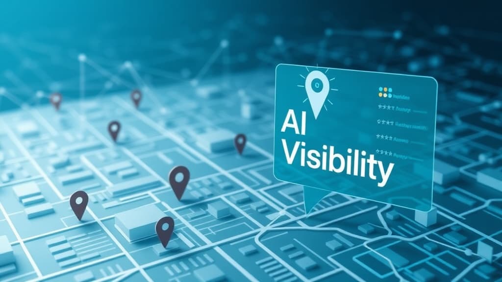 Modern editorial illustration of local businesses, structured data, and AI search visibility for local GEO optimization
