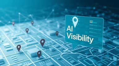 Modern editorial illustration of local businesses, structured data, and AI search visibility for local GEO optimization