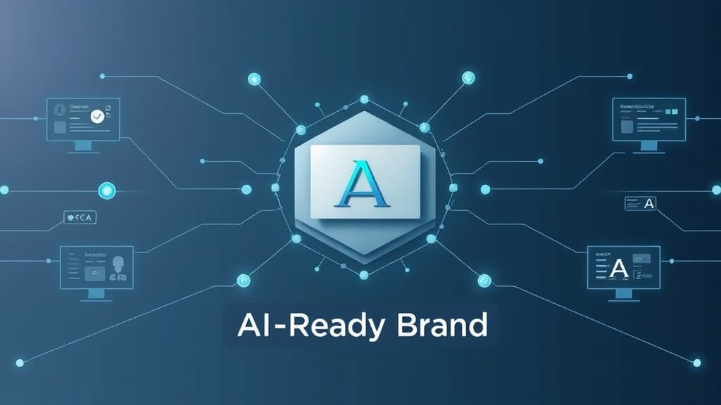 Modern editorial illustration of a brand entity being recognized by AI through structured data and connected signals.