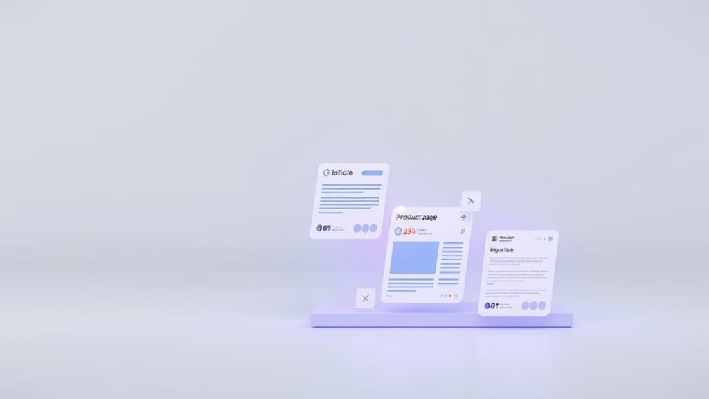 Modern editorial illustration showing listicles, product pages, and blog content cards with AI citation indicators and perfor