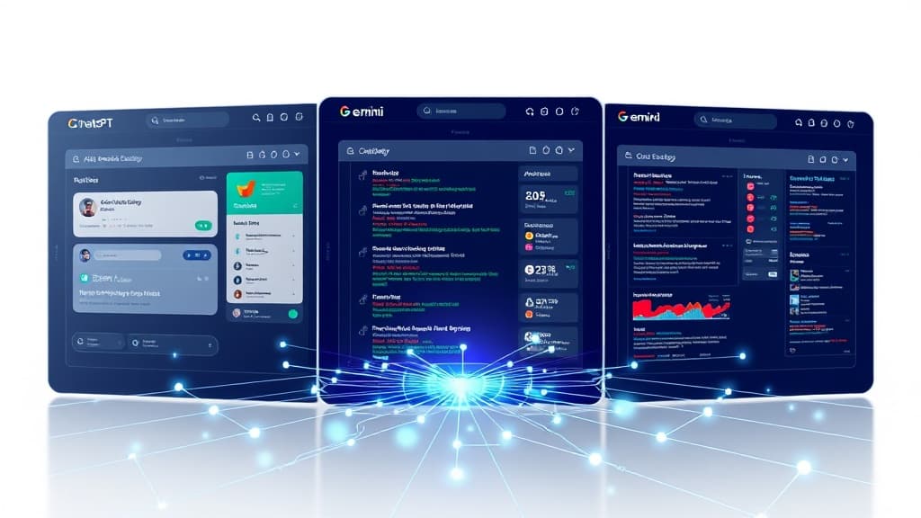Editorial illustration of ChatGPT, Perplexity, and Gemini style AI search interfaces connected by entity, freshness, and SEO