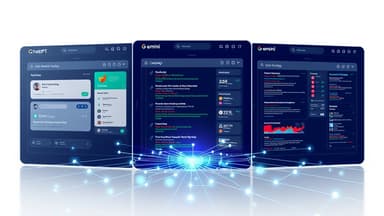 Editorial illustration of ChatGPT, Perplexity, and Gemini style AI search interfaces connected by entity, freshness, and SEO
