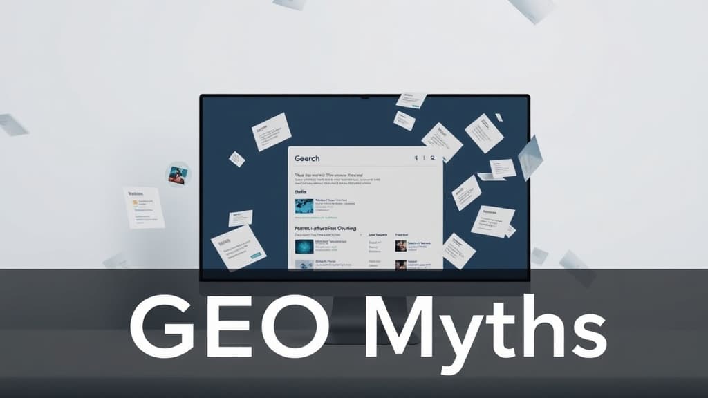 Modern AI search interface illustrating GEO myths, citations, and structured data for AI visibility