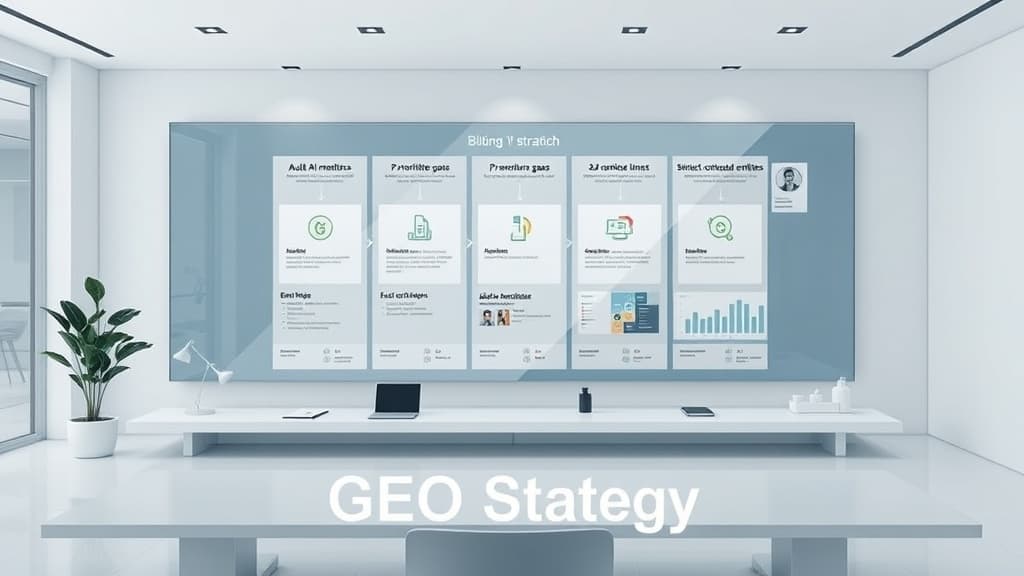 Modern editorial illustration of a GEO strategy framework with five planning steps, AI mention auditing, content gaps, schema
