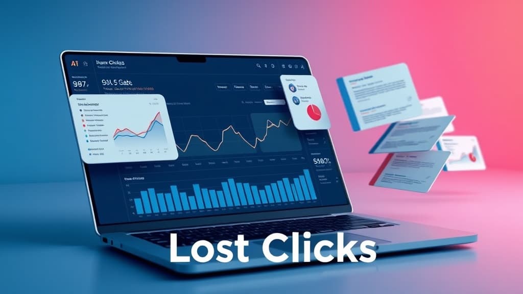 Modern SEO analytics dashboard showing traffic decline beside an AI Overviews search interface