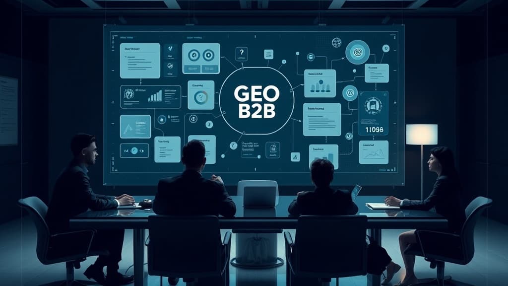 Modern editorial scene showing B2B GEO strategy with AI vendor research, comparison content, and citation signals