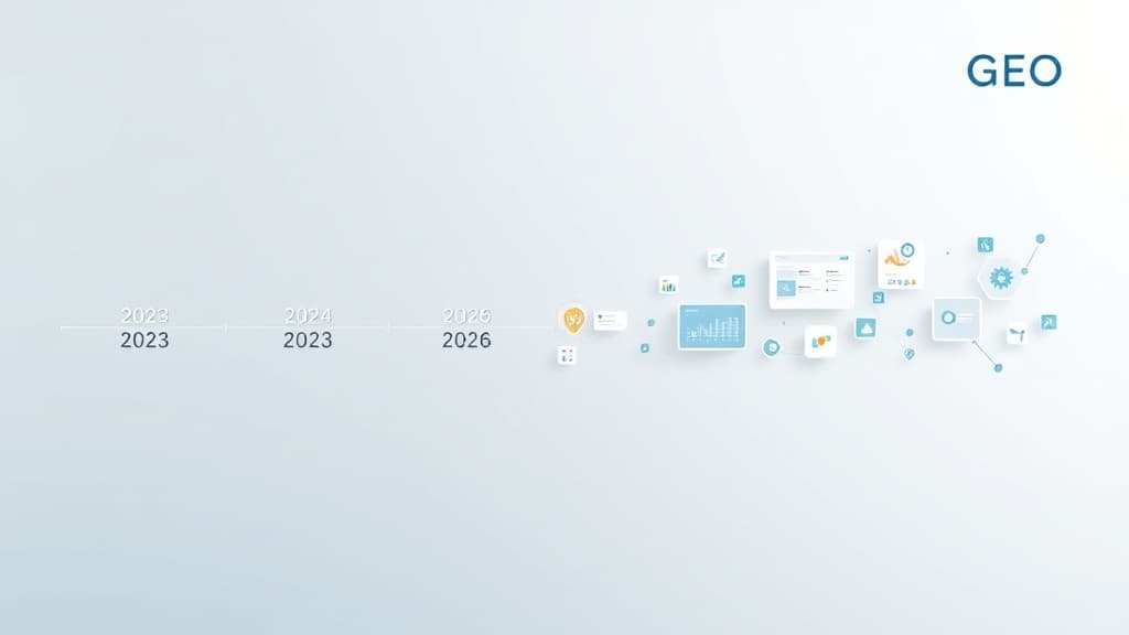 Editorial hero image showing the history of GEO evolving from AI chatbots and search answers into a measurable optimization d