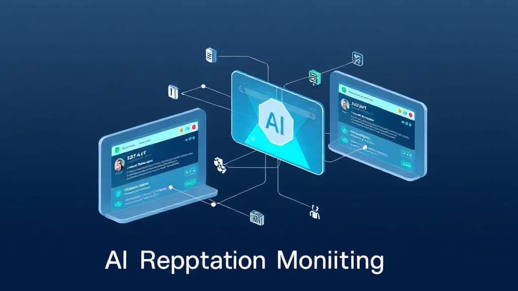 Modern editorial illustration of AI brand reputation monitoring across ChatGPT, Perplexity, and Gemini with source data and v