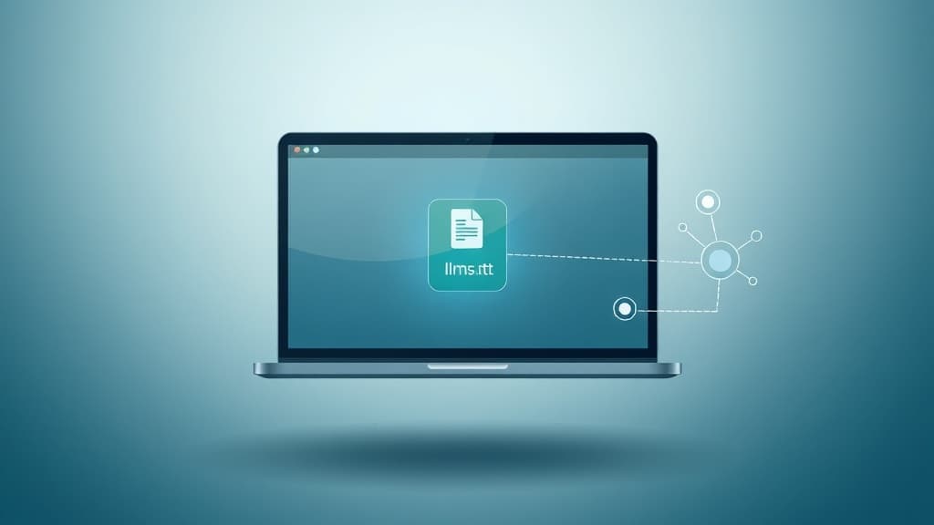 Modern editorial illustration of a website document labeled llms.txt connected to AI crawler nodes
