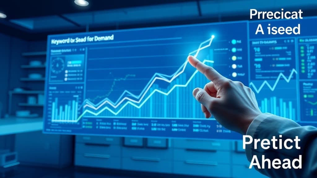 Modern editorial image showing AI analytics and rising search trend lines for predictive SEO