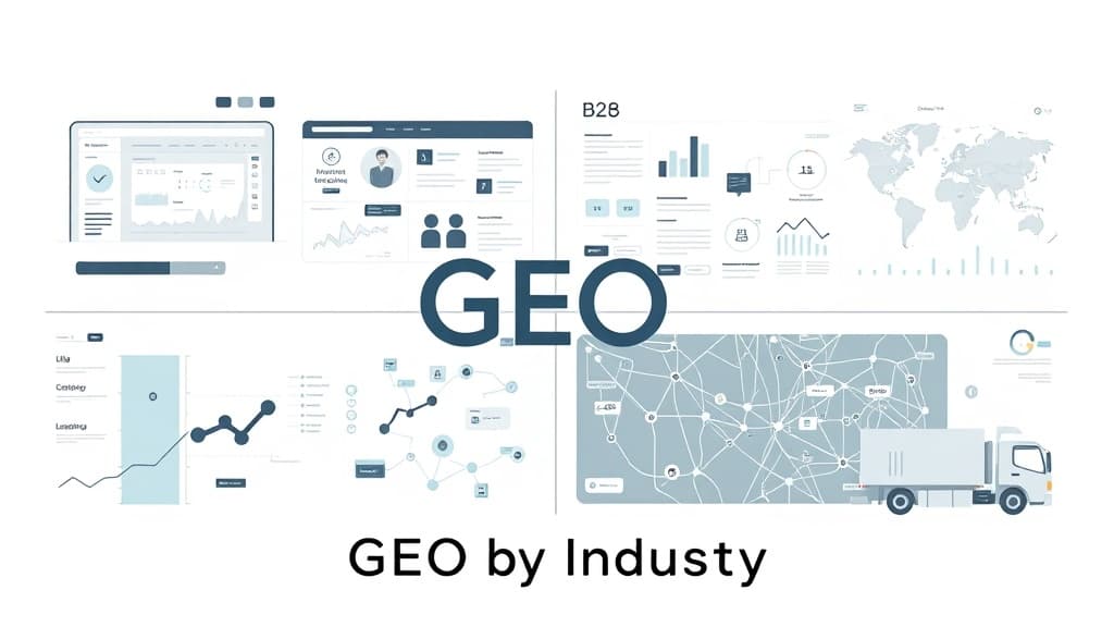 Editorial hero image showing four industry panels for healthcare, e-commerce, B2B, and local SEO with distinct GEO signals an