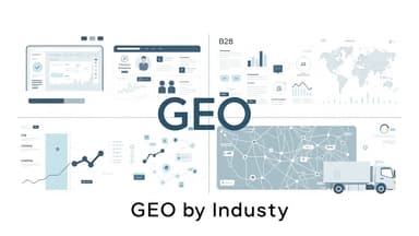 Editorial hero image showing four industry panels for healthcare, e-commerce, B2B, and local SEO with distinct GEO signals an