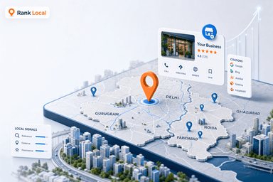 Modern SEO hero image showing Google Maps local ranking elements for Delhi NCR with map pins, reviews, and business profile g