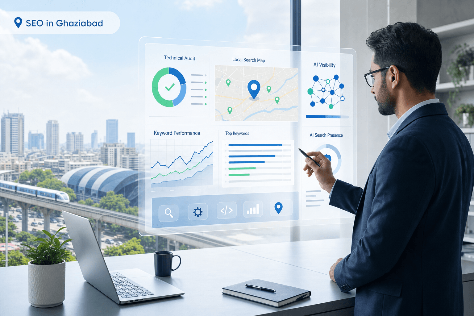 Modern editorial hero image showing SEO analytics, local search optimization, and a Ghaziabad business context for SEO servic