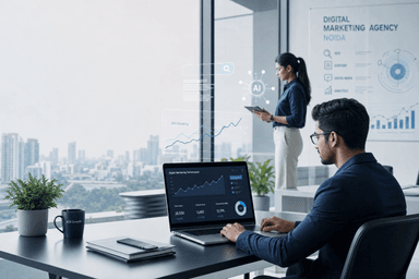 Modern digital marketing agency workspace in Noida with SEO and AI analytics visuals