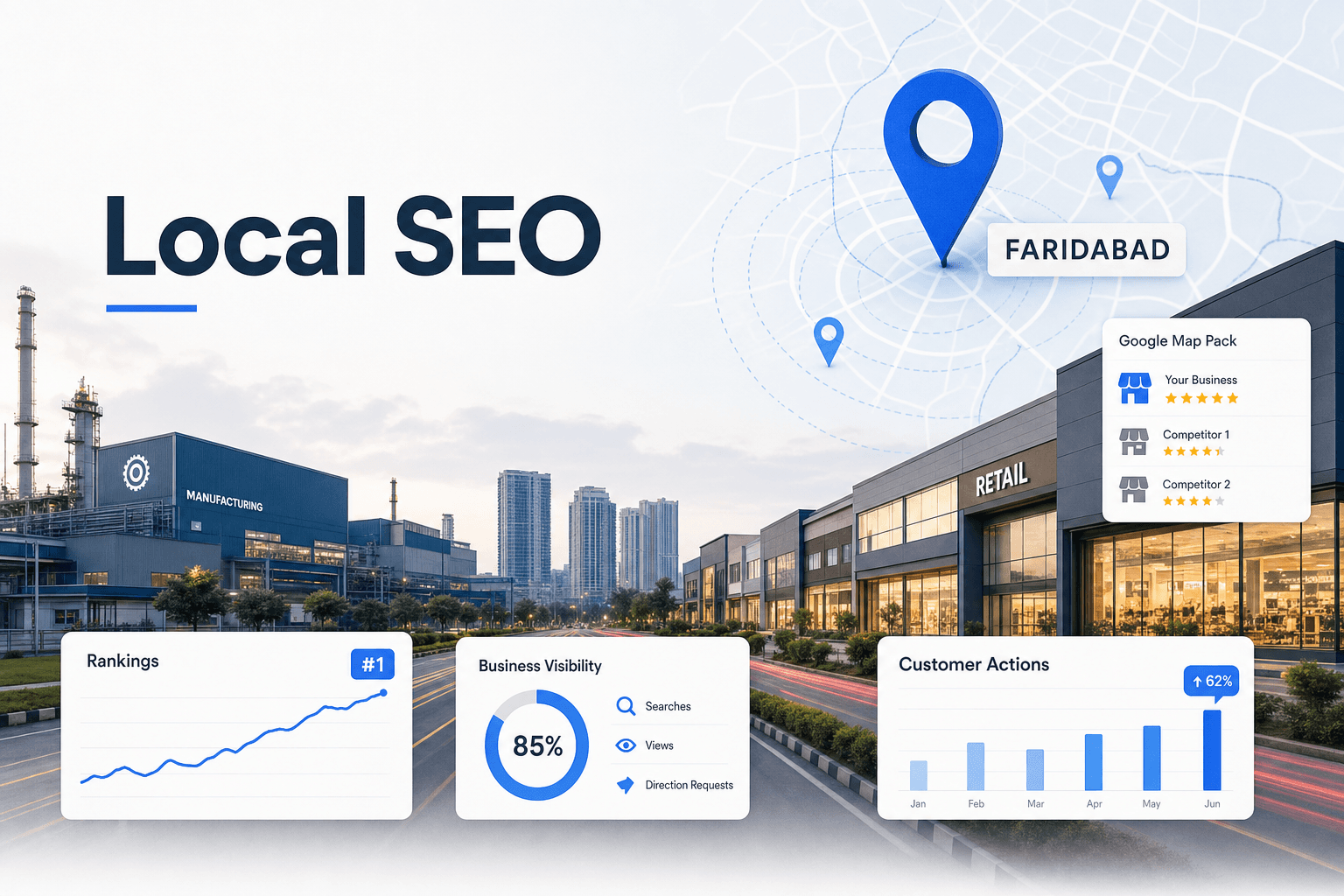 Editorial hero image showing local SEO visibility for businesses in Faridabad with map pins, analytics, and city storefronts