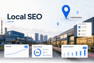 Editorial hero image showing local SEO visibility for businesses in Faridabad with map pins, analytics, and city storefronts