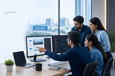 Professional web development team in a modern office with website design and code screens, representing a web development com