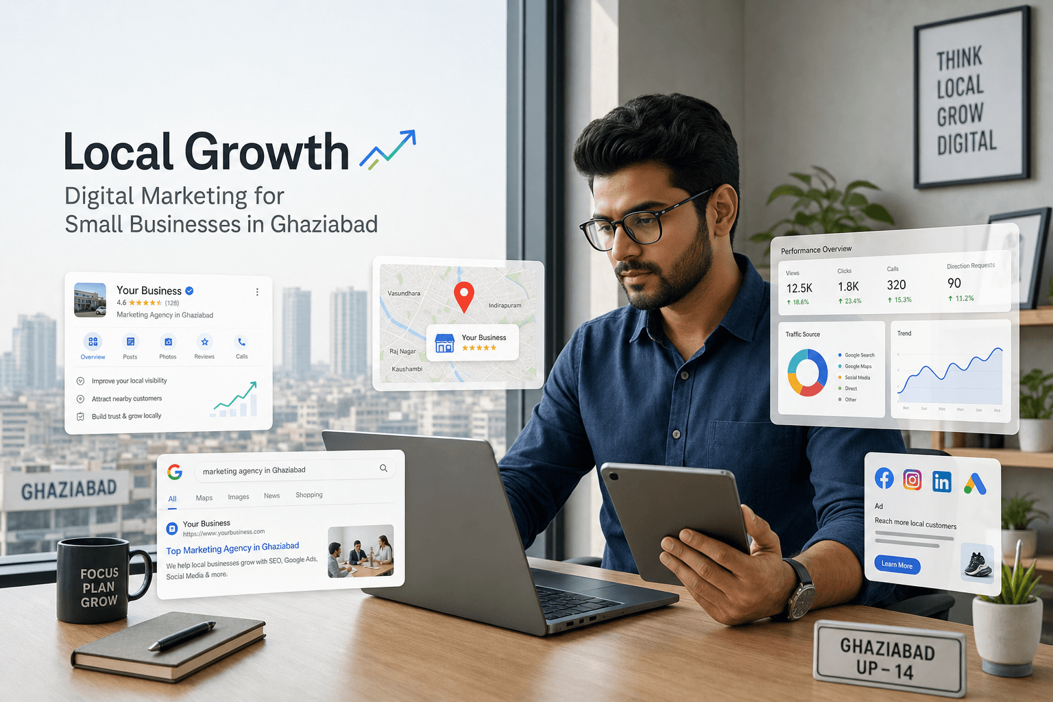 Small business owner reviewing digital marketing analytics with local SEO and social media ad visuals for Ghaziabad