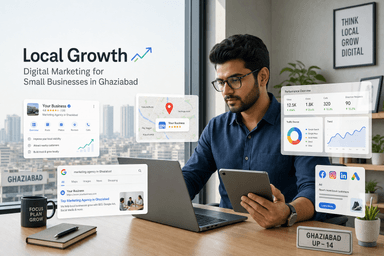 Small business owner reviewing digital marketing analytics with local SEO and social media ad visuals for Ghaziabad
