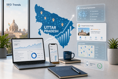 Modern editorial hero image showing SEO analytics, mobile optimization, AI signals, and local search growth for businesses in