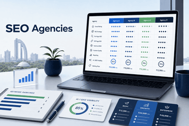 Editorial hero image showing a comparison dashboard for top SEO agencies in Noida with SEO analytics and pricing elements